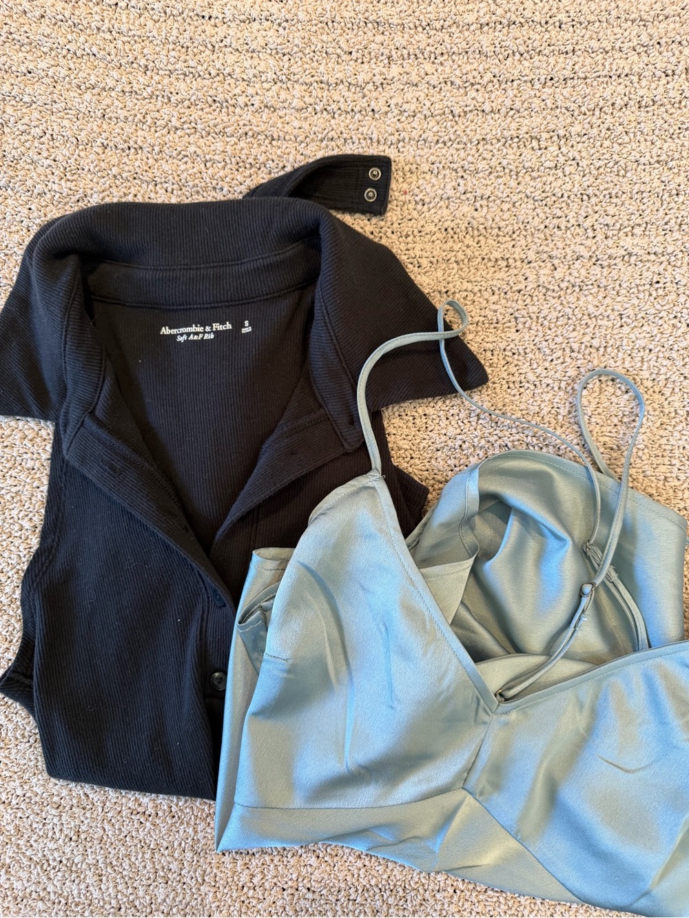 Abercrombie & Fitch Black Ribbed Button Bodysuit with Light Blue Satin Cami Top